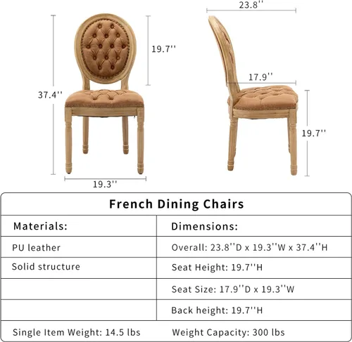 Vista 3 de ODUSE-DAILY French Country - Juego de 2 sillas de comedor de color caramelo, sillas de cocina y comedor, sillas de cocina de piel sintética, Ámbar