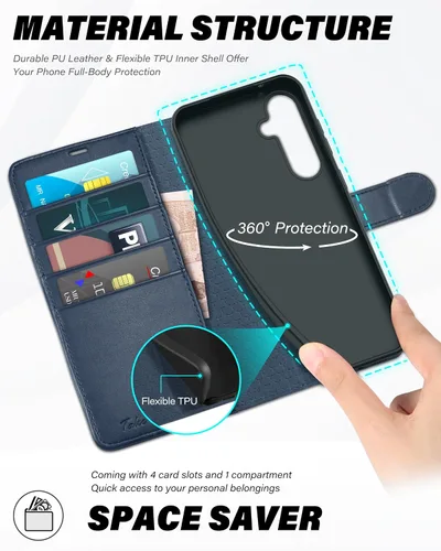 Vista 7 de TUCCH Funda tipo cartera para Galaxy S23 FE, funda interior de TPU a prueba de golpes, función atril, bloqueo RFID, ranura para tarjetas, funda