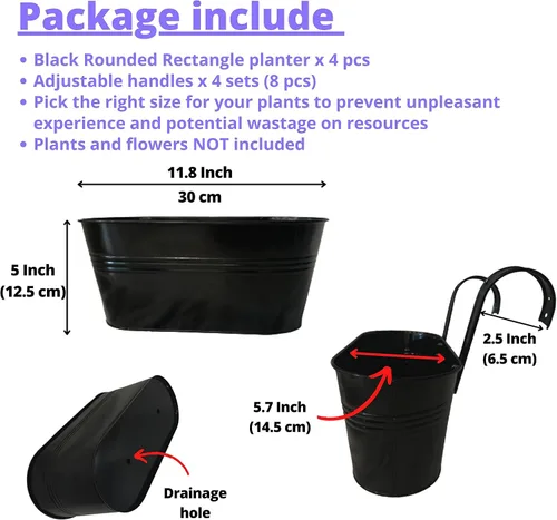 Vista 2 de LaLaGreen Jardinera de Barandilla para Exteriores (11.8 Pulgadas, Paquete de 4) Macetas Colgantes de Hierro Negro para Barandillas de Terraza Cubos