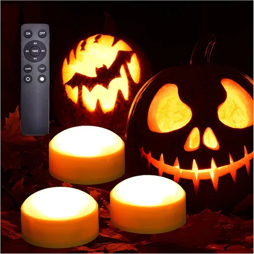 Vista 8 de iZAN Luces LED de calabaza a pilas con control remoto y temporizador, velas parpadeantes brillantes sin llama para decoración del hogar, fiesta