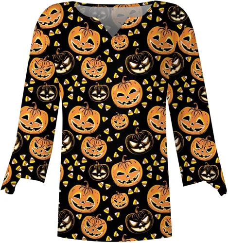 Vista 4 de Camisas de otoño con cuello en V, manga 34, trajes de otoño para mujer, 2023, festival de luz de calabaza, tops de Halloween QW072