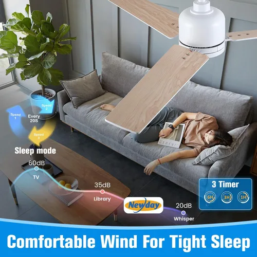 Vista 4 de Newday Ventiladores de techo de 48 pulgadas con control remoto de luces para dormitorio, sala de estar, cocina, oficina, interiores o exteriores