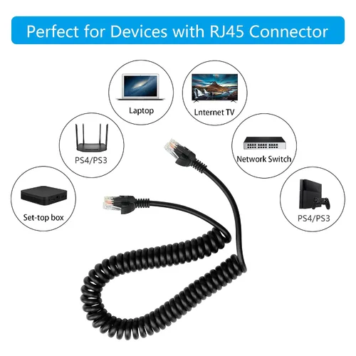 Vista 3 de Cable Ethernet Cat5e en espiral – Cable de red LAN RJ45 retráctil para laptops, escritorio, routers, decodificadores – estirable hasta 4.9 ft