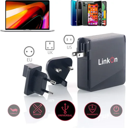Vista 6 de LinkOn Ganius - Cargador de pared de 166 W (certificado de 136 W) GaN Tech 100 W USB-C PD3.0 PPS y 18 W USB-A QC4.0+ compatible con MacBook Dell HP