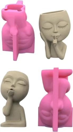 Vista 6 de Moldes de hormigón para macetas, 2 piezas de molde de silicona para macetas de figura de cabeza de niña pequeña, molde de silicona para decoración