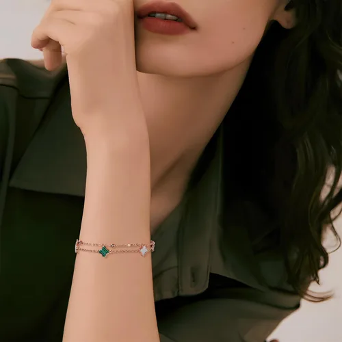 Vista 5 de Hothink Pulseras para mujer, pulsera de trébol de moda, pulsera de oro rosa, pulsera de trébol de la suerte, negro, rojo, verde, blanco, pulsera