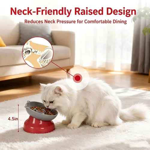 Vista 4 de Ceramic Slow Feeder Cat Bowl, 15-Degree Tilted Non-Slip Grey
