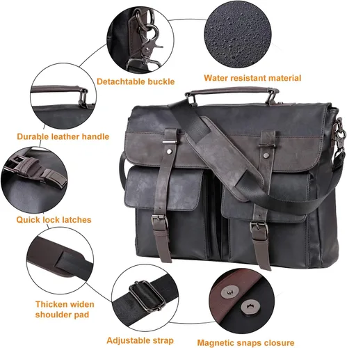 Vista 5 de Bolso bandolera de cuero para hombre, 14, 15.6, 17.3 pulgadas, bolso de cuero vintage para laptop, maletín, bolsa de trabajo grande