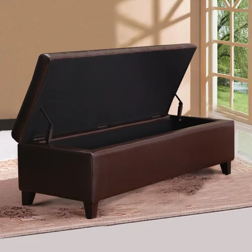 Vista 4 de Banco otomano rectangular copetudo de almacenamiento de cuero regenerado para mesa de centro para dormitorio, sala de estar (marrón)