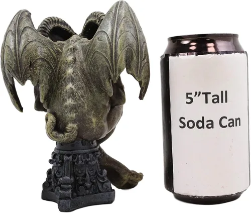Vista 6 de Ebros Gift Gárgola con cuernos de carnero alado sentado en la catedral, estatua de pedestal de 6 pulgadas de alto, Osario de fantasía oscura