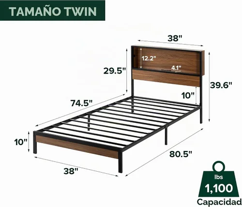 Vista 2 de Zinus Kai - Base de cama de plataforma, cabecero de dos niveles para almacenamiento que ahorra espacio, luces LED RGB con ajuste de estado de ánimo