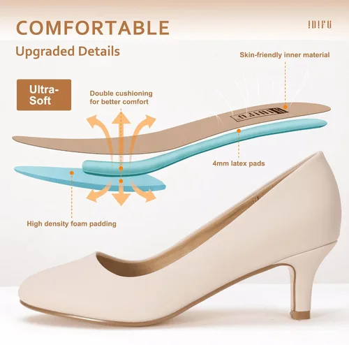 Vista 3 de IDIFU Zapatos clásicos de vestir de tacón bajo para mujer, tacón de gatito, punta redonda, zapatos de boda de oficina, 5