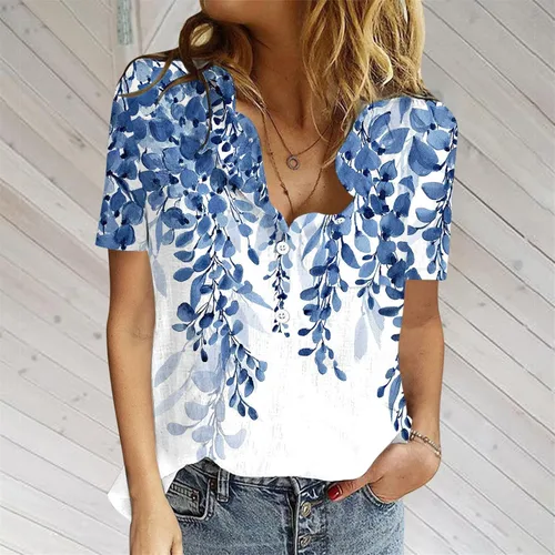 Vista 6 de Blusas casuales de lino y algodón para mujer, con estampado floral, manga corta, con botones y cuello en V