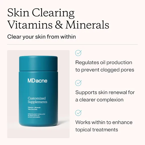 Vista 2 de MDacne Vitaminas y minerales suplementos para limpiar la piel (paquete de 3) - 30 cápsulas veganas - Apoya el tratamiento tópico del acné y promueve
