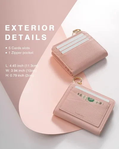 Vista 4 de Billetera de cuero para mujer, con bloqueo RFID, plegable, pequeña, compacta, con cremallera, bolsillo con cremallera, estuche para tarjetas de gran