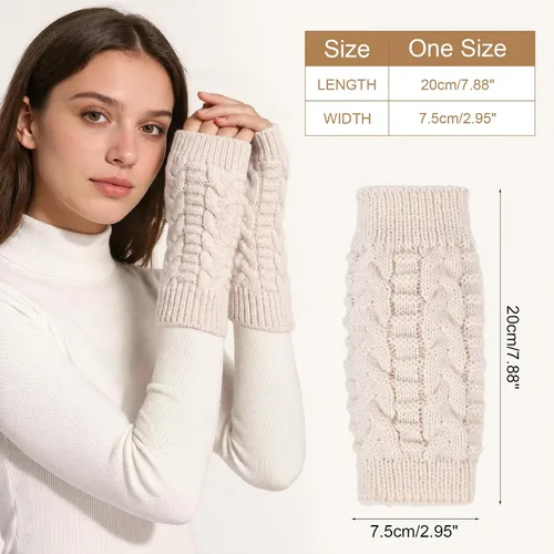 Vista 4 de Loritta Guantes sin dedos para mujer, calentadores de brazos con orificio para el pulgar de invierno de punto y ganchillo A1-beige/gris claro/gris