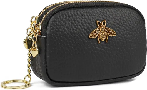 Vista 14 de Monedero de cuero para mujer, billetera pequeña para mujer, bolsa de cambio A-Negro