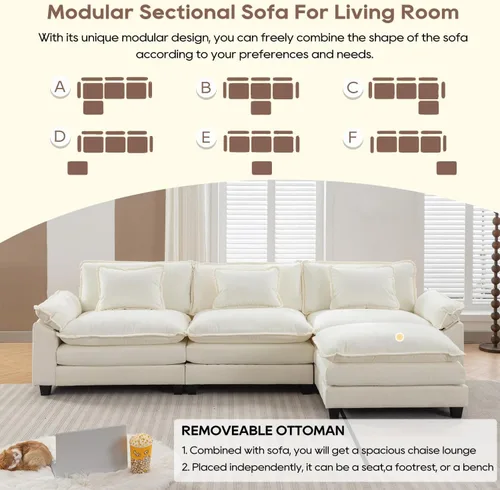 Vista 2 de IPKIG 117" Modular Sectional Cloud Couch, Modern L-Shaped Sofa with Ottoman Blanco beige