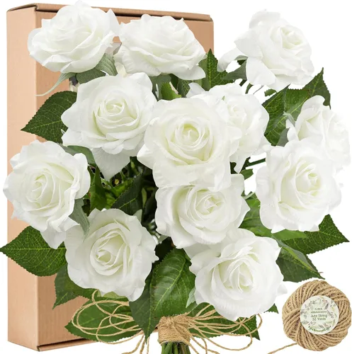 Vista 29 de FiveSeasonStuff 12 tallos de flores artificiales azul hielo, rosas de seda de tacto real para decoración de boda, en caja de regalo Azul helado