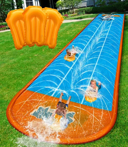 Vista 6 de Spring Water Tobogán acuático para patio trasero de niños, 17 pies x 3 carriles de carreras, toboganes de agua deslizantes con aspersor para edades