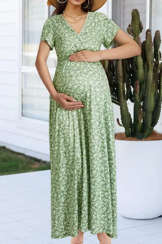 Vista 2 de OUGES Vestido largo de maternidad con cuello en V, para baby shower, para sesión de fotos