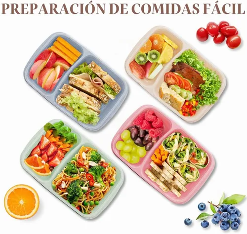 Vista 6 de Paquete de 4 cajas de almuerzo Bento, contenedores de preparación de comida de 2 compartimentos con tapas, aptos para microondas y lavavajillas