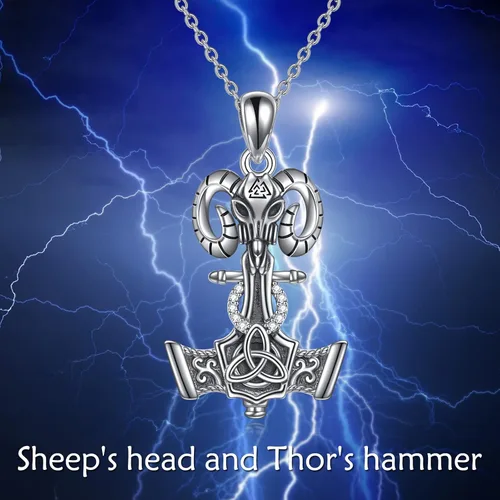 Vista 3 de JOERPH Collar vikingo con martillo Thor para hombre, plata de ley 925, amuleto de Mjolnir, talismán, cabeza de cabra, nudo celta, collar