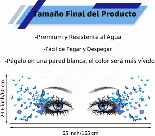Vista 3 de Calcomanías de pared azules con ojos de pestañas, 4 hojas, vinilo mate premium, calcomanías de mariposa, impermeables, para mujeres y niñas