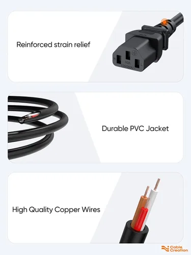 Vista 7 de CableCreation Paquete de 2 cables de alimentación universales NEMA 5-15P a IEC 320 C13 de 1 pie Cable adaptador de alimentación para computadora