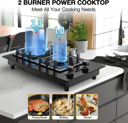 Vista 4 de Estufa de Gas de 2 Quemadores Tope de Cocina de Propano, Tope de Cocina de Gas de Vidrio Templado de 12 Pulgadas Quemador de Gas de Acero Inoxidable