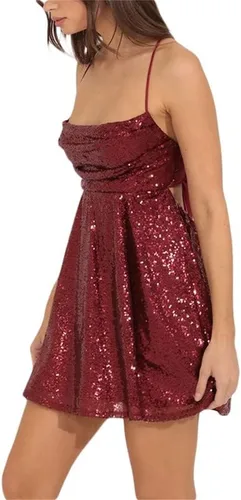 Vista 2 de Argeousgor Minivestido de lentejuelas brillantes para mujer, tirantes delgados, espalda descubierta, cintura alta, vestido corto elegante para fiesta