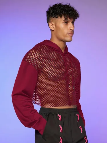 Vista 3 de Floerns Sudadera corta con capucha y cordón para hombre, manga larga, hombros caídos, con cordón