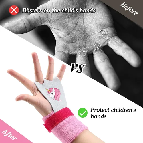 Vista 4 de Skylety Muñequeras deportivas de gimnasia para niños, con bandas rosas para el sudor, equipo de gimnasia, empuñaduras de mano para niñas, niños