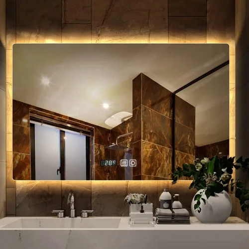 Vista 2 de Espejo de maquillaje rectangular sin marco, espejo de baño LED de tacto inteligente, luz cálida, espejo de pared horizontal/vertical, pantalla