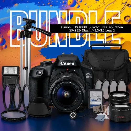 Vista 2 de Cámara Canon EOS 4000D / Rebel T100 Cámara digital SLR con lente Canon EF-S 18-55 mm f/3.5-5.6, 3 lentes DSLR kit con paquete completo