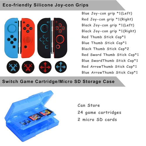 Vista 6 de Kit de accesorios para Nintendo Switch, paquete de tapas de agarre para controles redondos, estuche de transporte, protector de pantalla y control