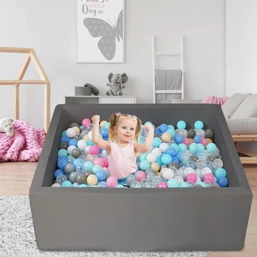 Vista 7 de Pozo de bolas de espuma cuadrado extragrande para niños pequeños, 47 x 47 x 14 pulgadas, suave, con funda extraíble, pelotas de esponja Gris Oscuro
