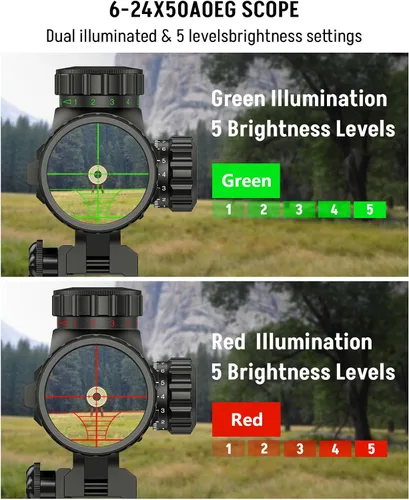 Vista 4 de MidTen Combo de alcance de rifle AO de 6-24x50, óptica de alcance doble iluminado con vista holográfica de punto rojo y verde, mira láser IIIA/2MW