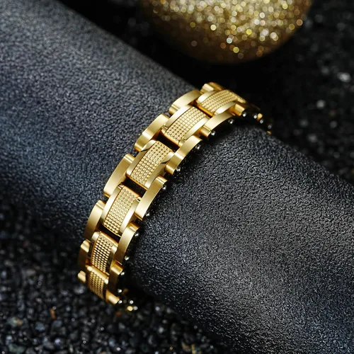 Vista 2 de Hombres Pulsera de acero inoxidable hombres pulsera negra Enlace diamante plata pulsera partículas azules joyería hombres cadena cajas de regalo