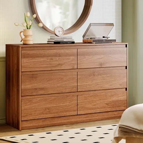 Vista 9 de Chrangmay Cómoda de 6 cajones, cómoda de mediados de siglo de 47 pulgadas de ancho, cómoda de madera con 6 cajones de almacenamiento