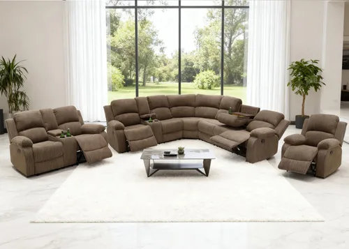 Vista 23 de Juego de sofá seccional reclinable manual, juegos de muebles de sala de estar, sofá seccional en forma de L y 2 sillas, cómodo sofá reclinable