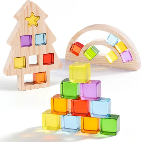 Vista 14 de Woodtoe Montessori - Juguete apilable para niños de 3, 4, 5, 6 años, bloques de construcción arcoíris para niños pequeños, bloques apilables