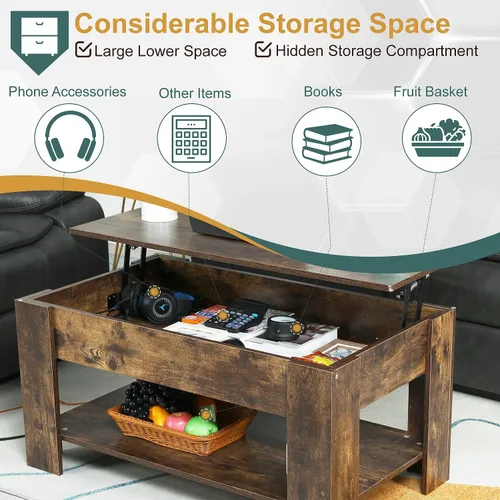 Vista 4 de PayLessHere Mesa de Centro con Tapa Elevable Mesas de Centro con Compartimento Oculto y Estante de Almacenamiento Tablero de Madera Elevable Mesa