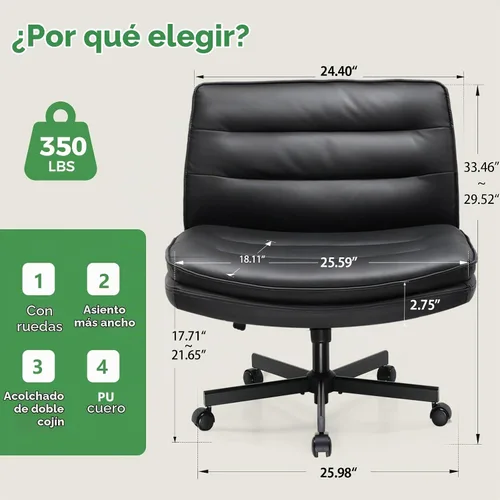 Vista 2 de GTPLAYER Silla de oficina con patas cruzadas con ruedas, silla de escritorio extra ancha sin brazos cómoda para el hogar y dormitorio, cojín de 2