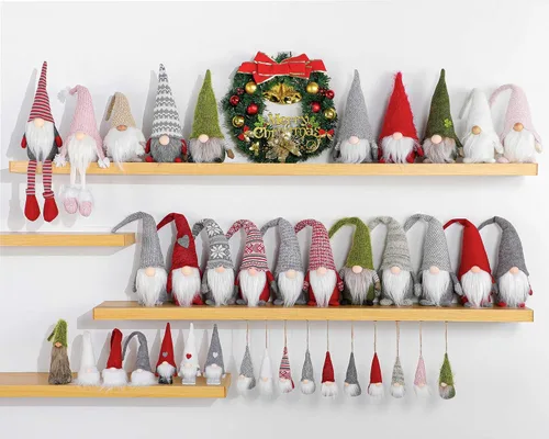 Vista 8 de Juego de 10 gnomos colgantes para árbol de Navidad, gnomos de felpa suecos hechos a mano, Papá Noel, elfo, decoración para el hogar, decoración