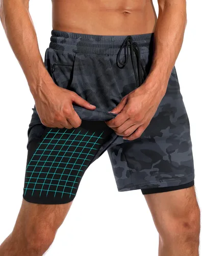 Vista 3 de Milin Naco Pantalones cortos de entrenamiento 2 en 1 para hombre con forro de 7 pulgadas, pantalones cortos de gimnasio para hombres, pantalones