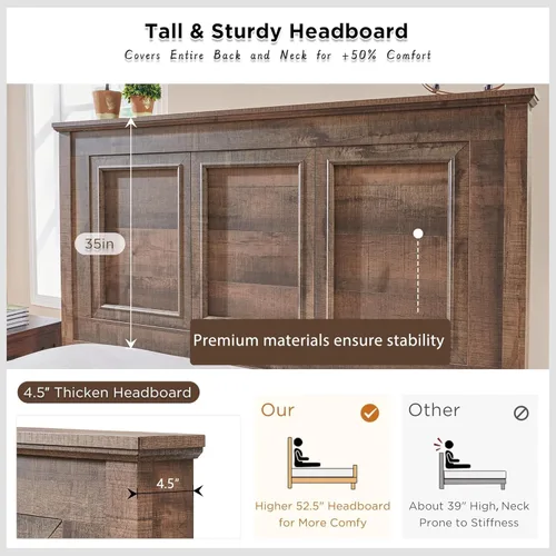 Vista 4 de ACCOHOHO Bastidor de cama Queen de estilo granja con cabecera y estribo de panel completo de 52" de alto, estructura de cama Queen con cajones