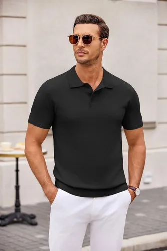 Vista 7 de COOFANDY Polo de punto para hombre, estilo casual, manga corta, con botones, camisa de golf clásica