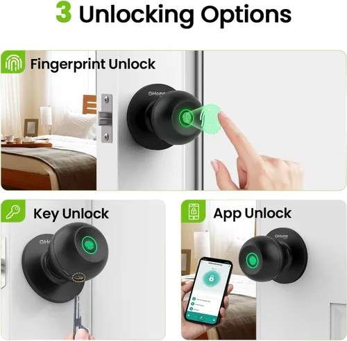 Vista 2 de GHome Smart Cerradura de puerta de huellas dactilares, perilla de puerta inteligente 3 en 1 con control de aplicación y llave, bloqueo automático