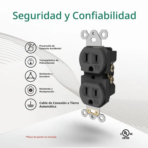 Vista 2 de Toma eléctrica dúplex 15A 125V TR, 2 polos 3 cables, listado UL, 10 Negro